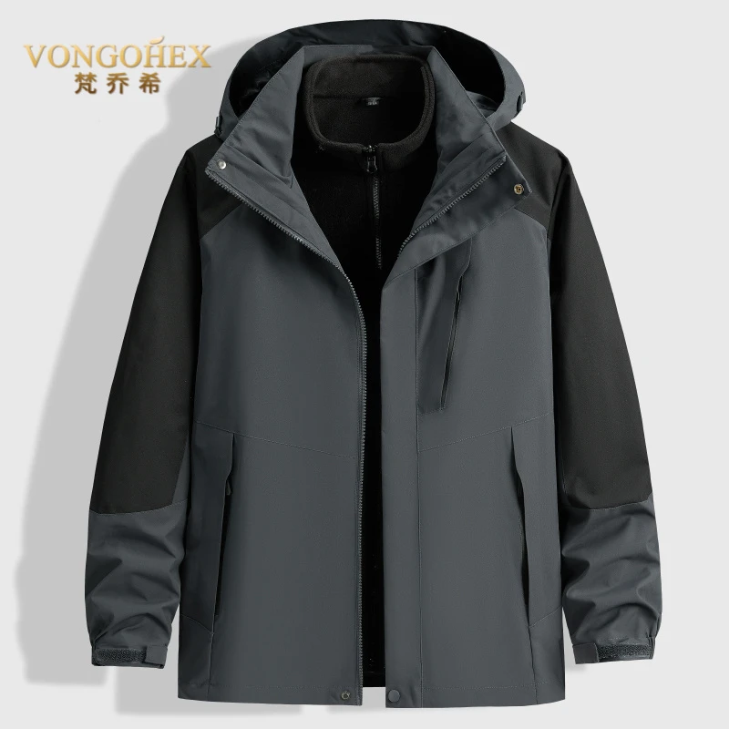 VONGOHEX防水防风冲锋衣男士冬季三合一加绒加厚保暖大码休闲夹克