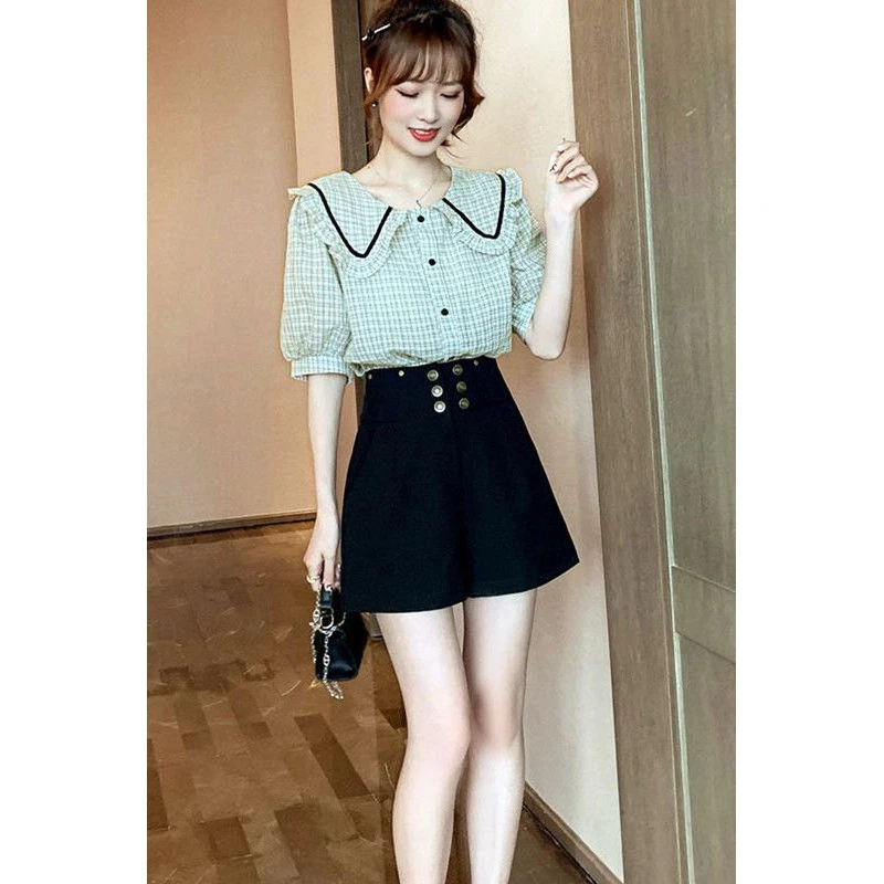 娃娃领两件套2025夏季新款可盐可甜洋气衬衫高腰甜酷高腰衬衫套装