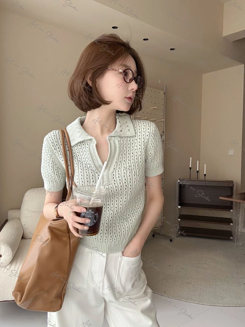 【ART品牌线】经典绞花系列重工钩针显瘦老钱风polo翻领上衣w24271