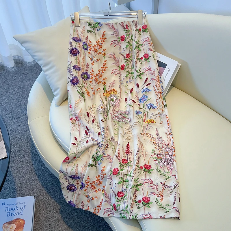 拉夏贝尔国风麦穗花时尚半身裙2025夏季新款高腰垂感碎花直筒裙子