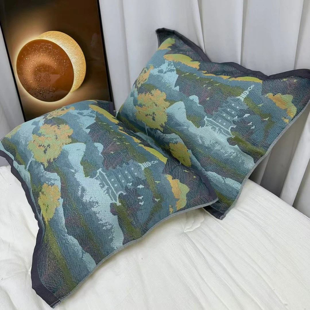 遇见神鹿-青色织金宋锦纱布枕巾50*80cm一对装