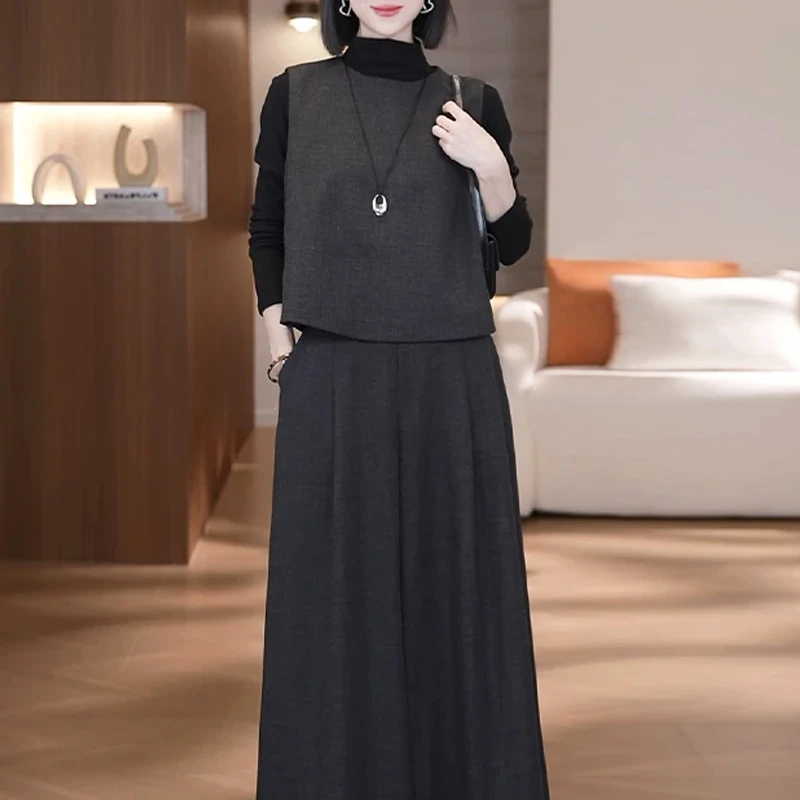 复古文艺气质套装女士2025秋季新款打底衫马甲阔腿裤高级感三件套