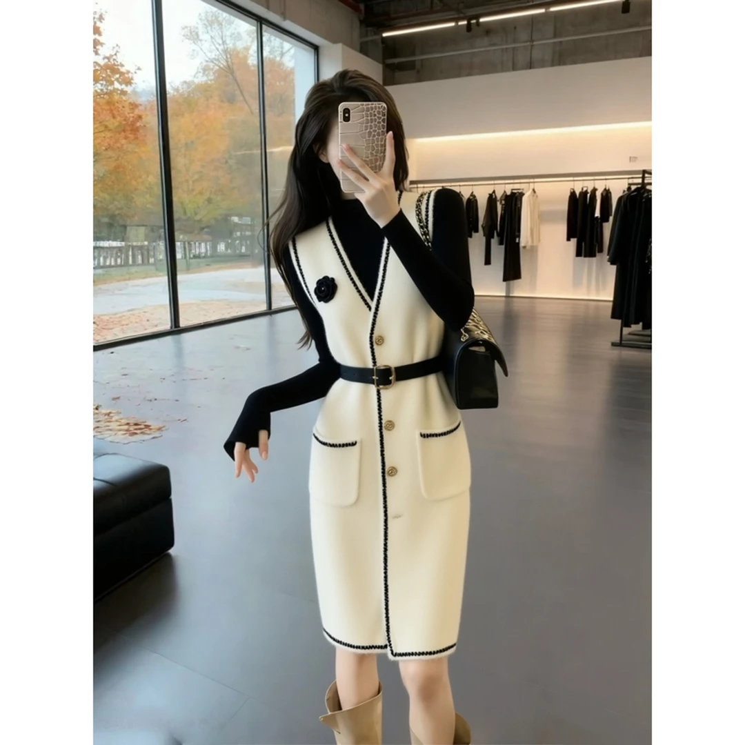 冬季针织打底衫背心连衣裙高端时髦洋气叠穿掐腰法式小香风两件套