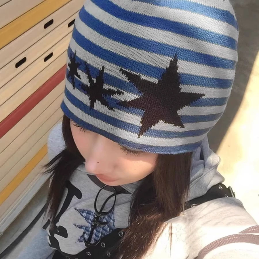 韩版星星条纹针织帽子帽子大头围显脸小秋冬季加厚保暖冷帽防风帽