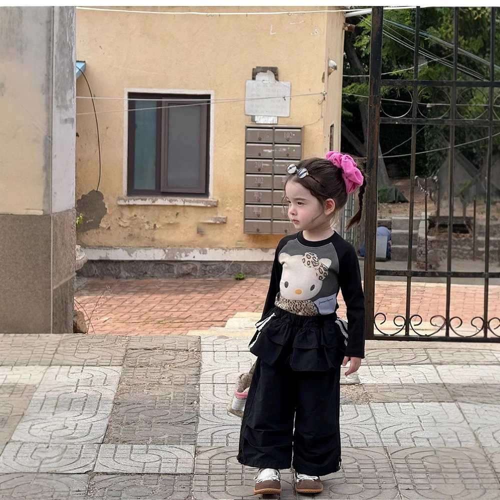 女童秋季阔腿长裤2025新款儿童休闲裤宝宝宽松工装裤黑色条纹裤子