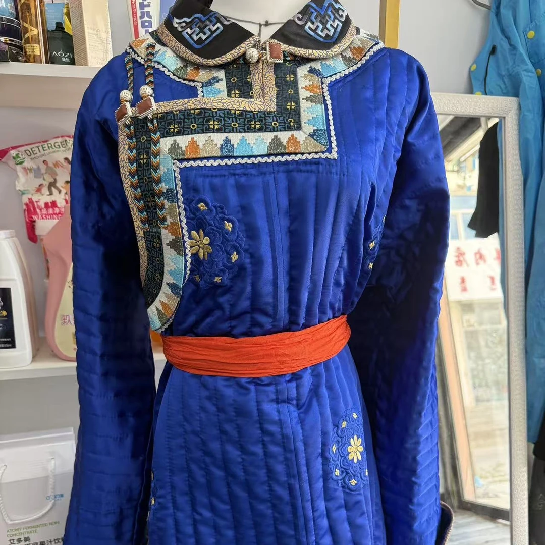 绣遍乌珠穆沁手工蒙古袍子蓝色