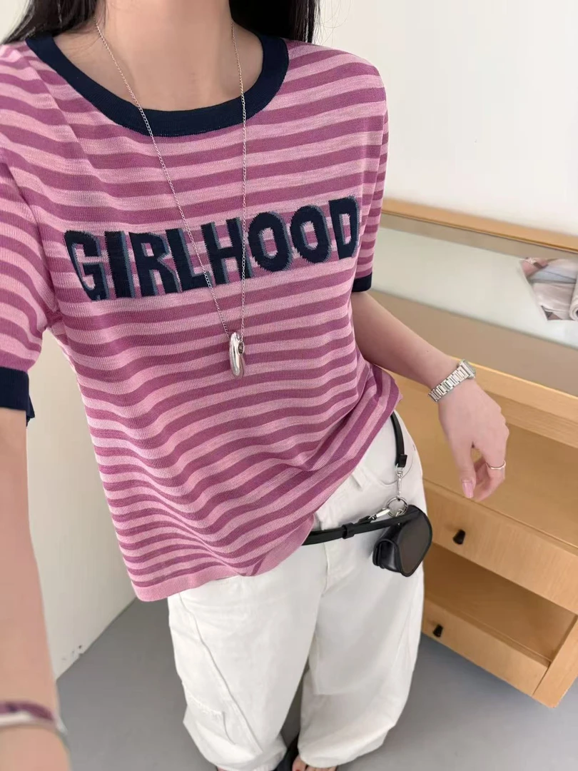 【罗罗严选】252288条纹字母针织衫