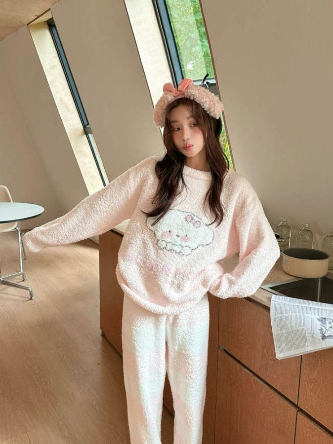 LJ2025新款半边绒睡衣冬季家居服套装保暖套装秋冬季圆领加厚套件