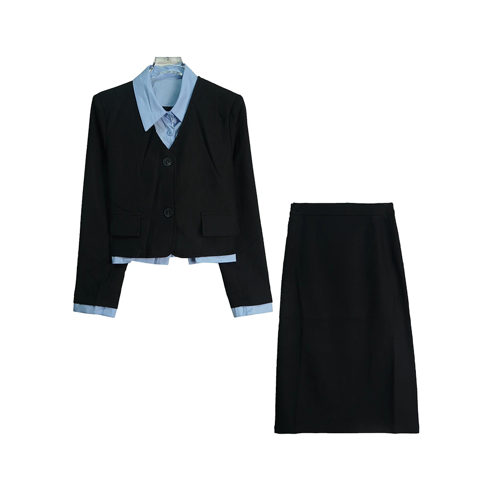 衬衫假两件西装套装裙松紧腰黑色两件套E2311