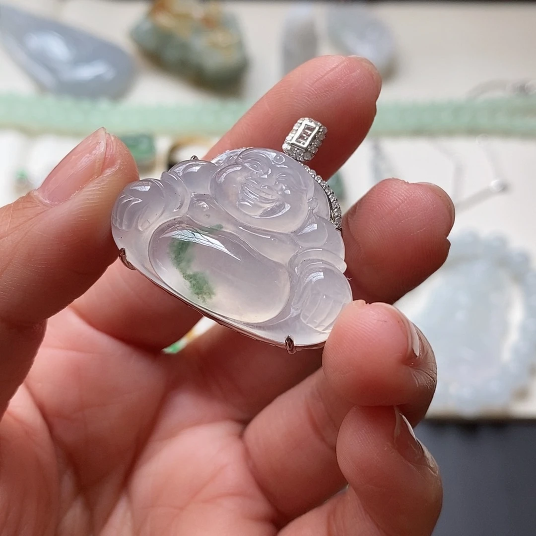 翡翠颈饰18K金镶嵌冰飘花佛公