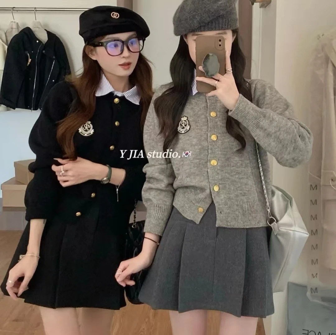 学院风拼接假两件针织衫女春秋2025新款宽松长袖毛衣针织开衫上衣