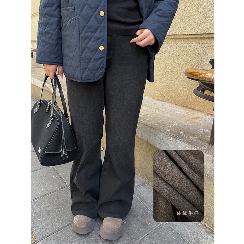 牛仔筒喇裤/胖mm大码加绒保暖牛仔裤~