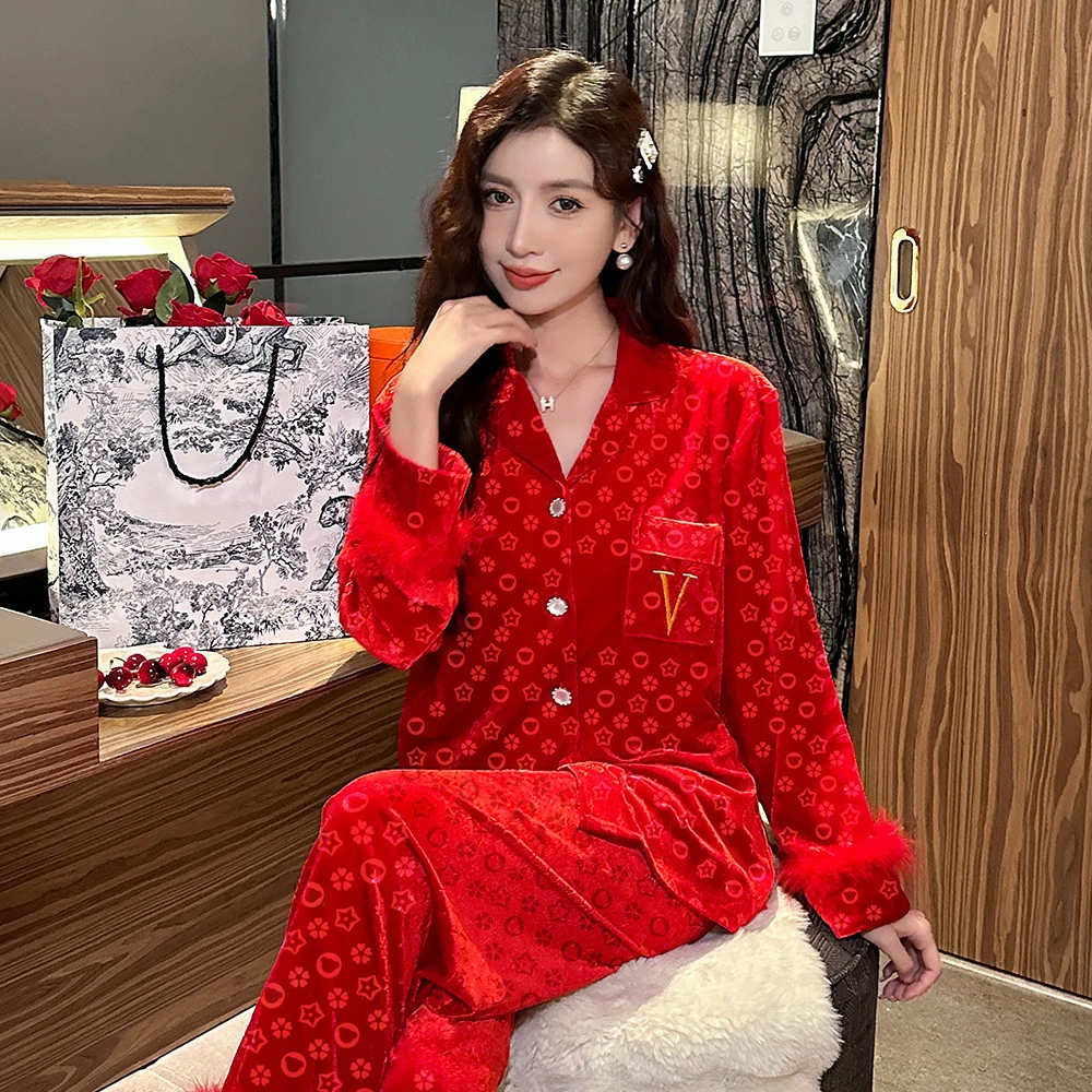 红色本命年金丝绒睡衣女春秋季长袖套装小香风家居服秋冬天可外穿