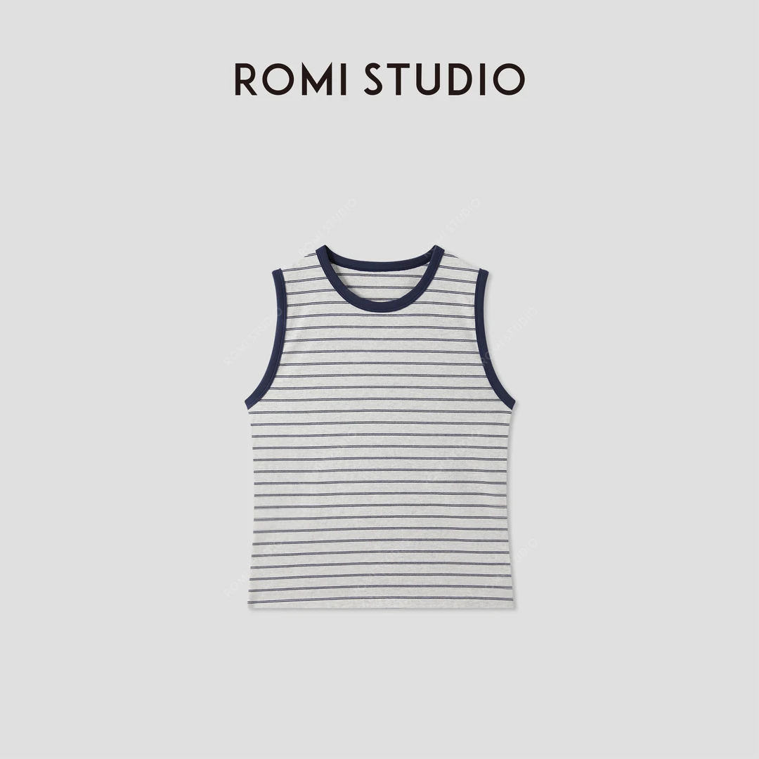 ROMI STUDIO“休闲复古”精梳棉条纹撞色针织无袖背心 RWCRS94165