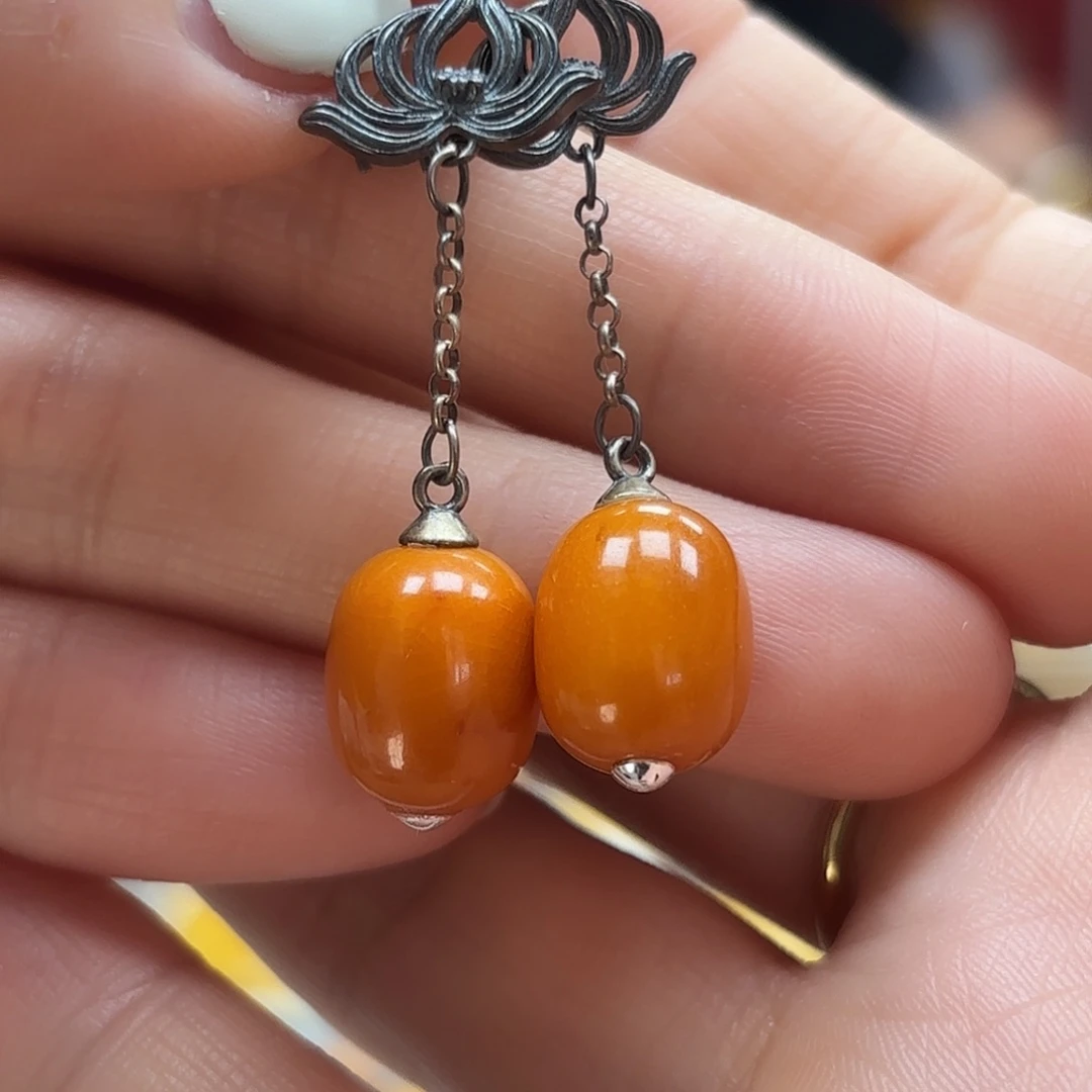 琥珀裸石银S925镶嵌15耳坠