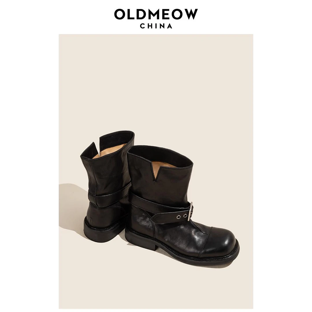 新款 复古百搭骑行靴女秋冬新款皮带扣马丁靴西部牛仔美拉德短靴