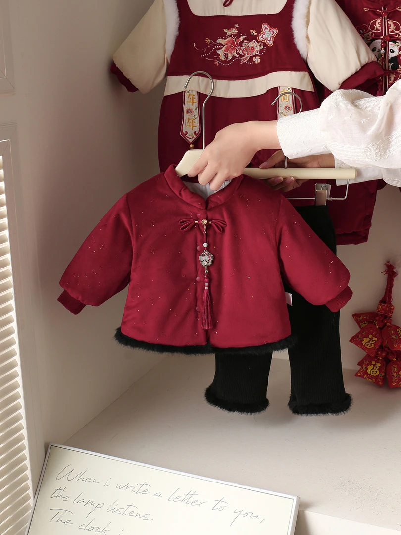 拜年服冬季新中式红色喜庆女宝宝两件套满月周岁百天女童套装保暖