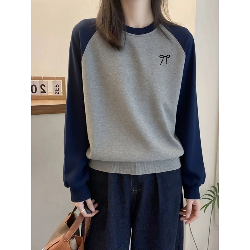 休闲插肩大码圆领卫衣女秋冬洋气胖mm韩系减龄宽松加绒加厚套头潮