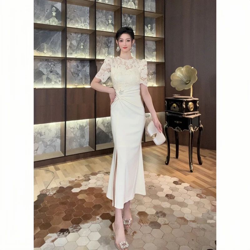 21660显瘦气质夏季复古新国风修身开叉优雅名媛宴会连衣裙