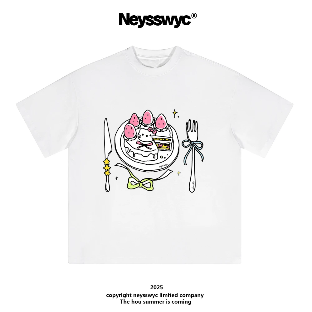 NEYSSWYC 【涂鸦】ins纯白短袖T恤猫百搭宽松情侣夏kt涂鸦卡通日系