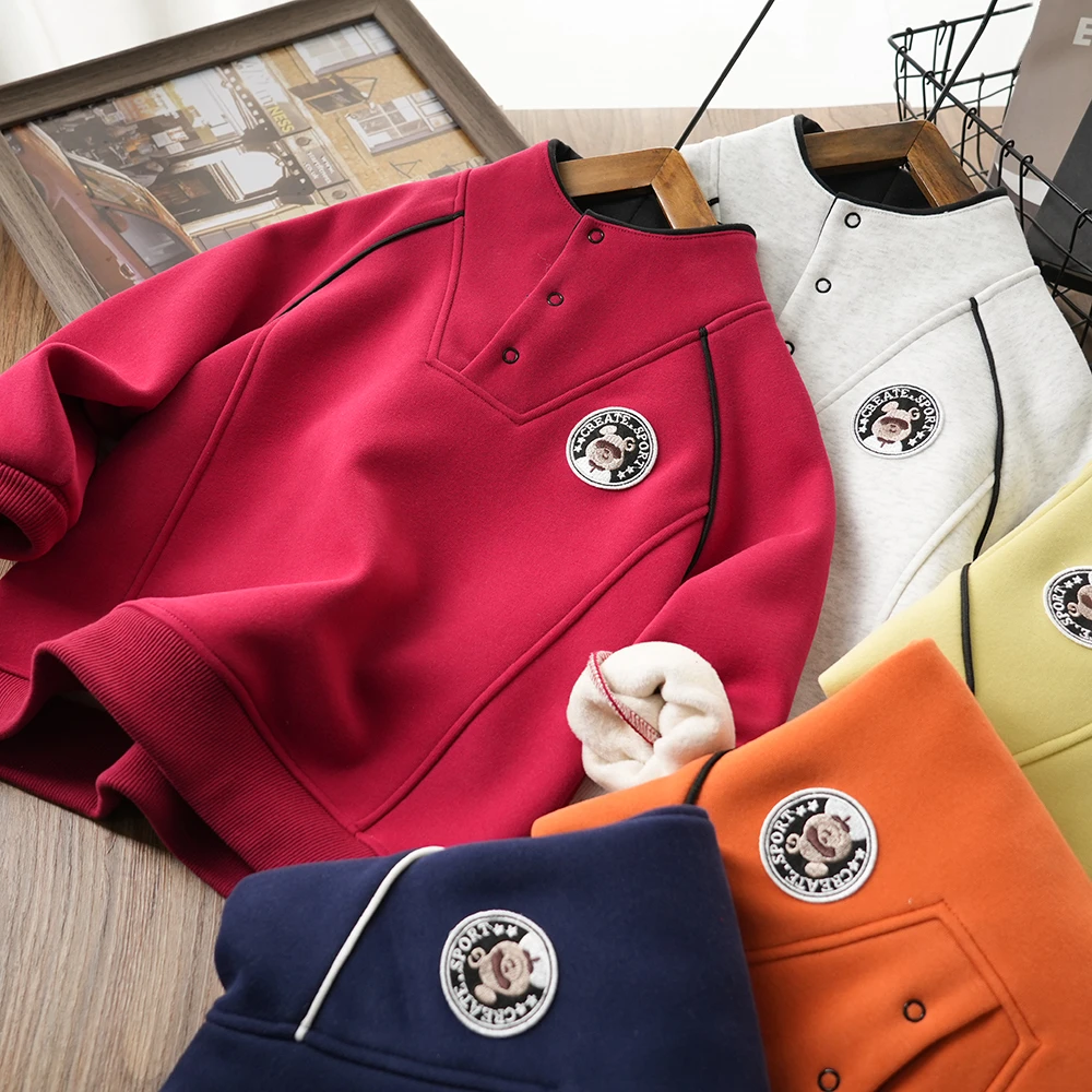 男童秋冬小熊刺绣开领防风拼接卫衣中大童立领上衣MT24211