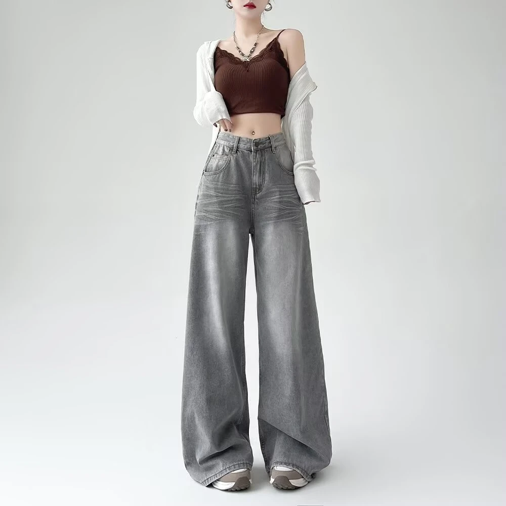 废土风复古牛仔裤女2025早秋新款宽松直筒阔腿显瘦修身女装拖地裤