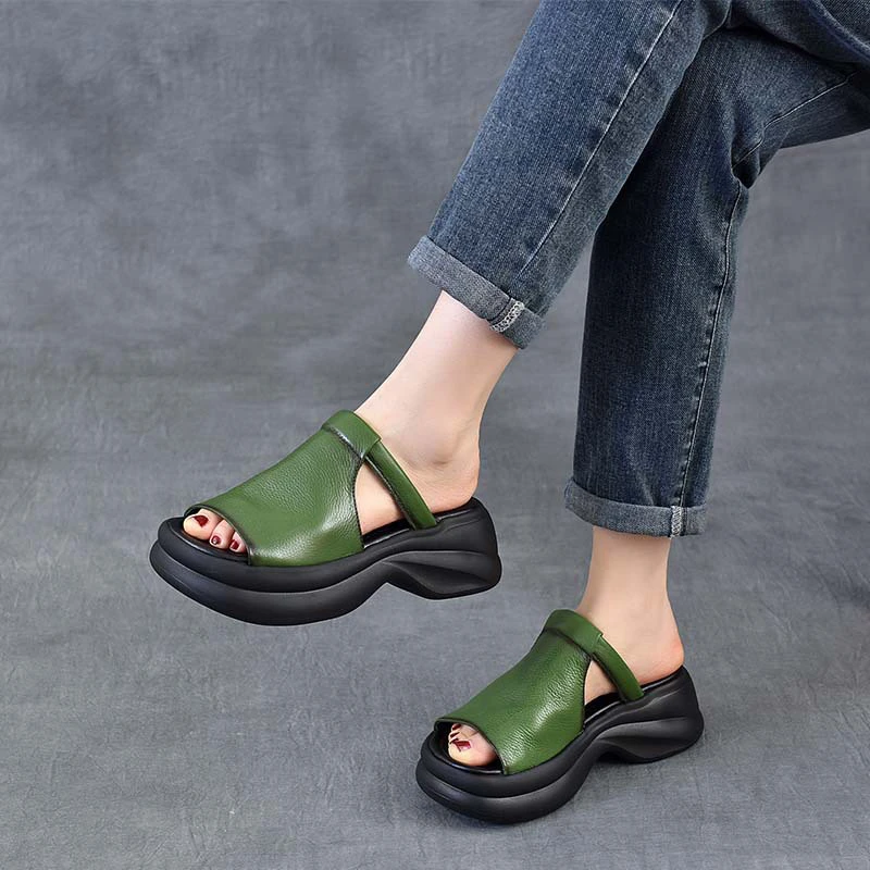 夏季复古鱼嘴一字拖真皮软底拖鞋厚底百搭高跟沙滩鞋