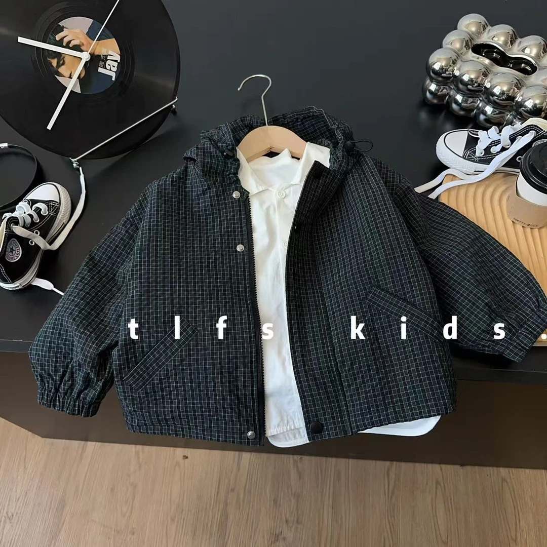 童例「25372蓝黑格连帽外套」秋季儿童防风防水上衣百搭韩休闲夹克