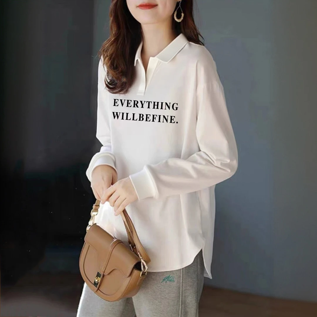 秋季韩系百搭白色长袖t恤中长款显瘦上衣POLO领休闲打底衫女士