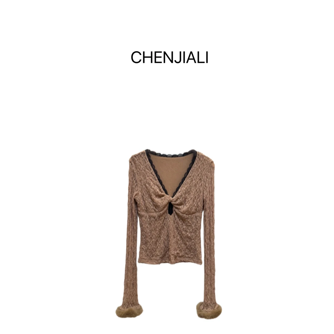 CHENJIALI 纯欲性感蕾丝提花撞色花边内搭长袖毛毛袖冬季内搭修身