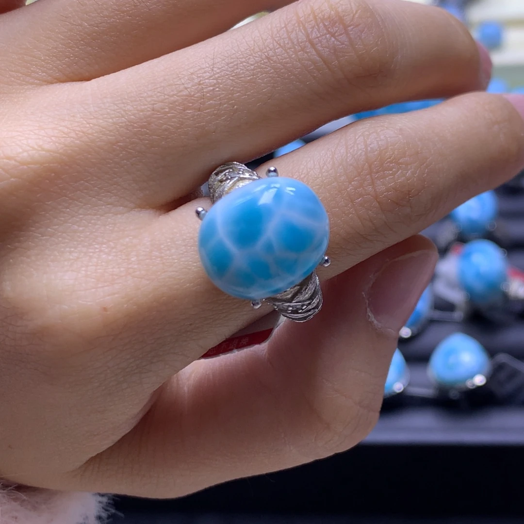 针钠钙石（海纹石）银S925镶嵌戒指蛋面戒指色差略异