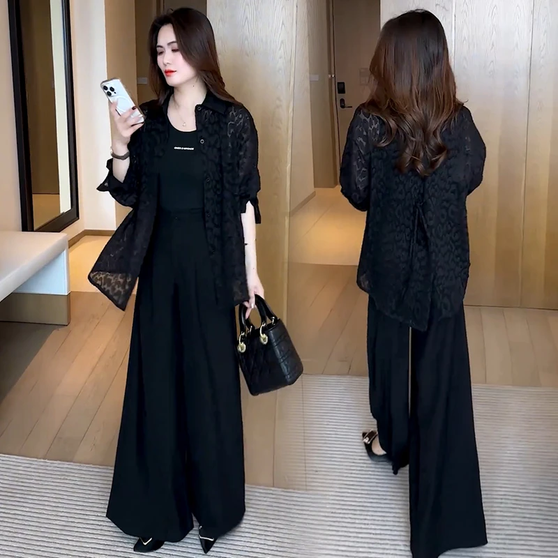 时尚套装女2025春夏季新款时髦洋气长袖防晒衣衬衫阔腿裤两件套潮