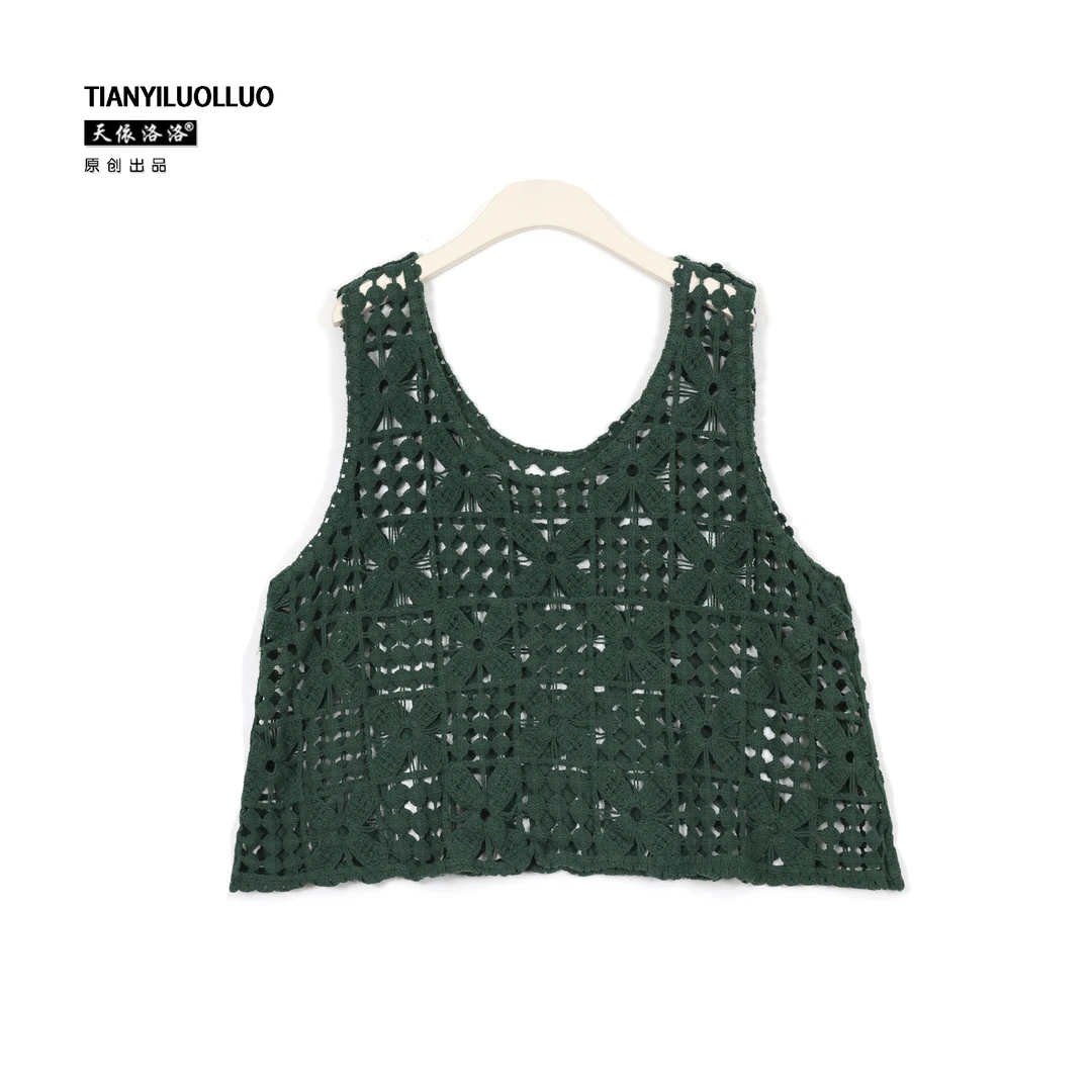 【天依洛洛】3694休闲宽松百搭镂空钩花圆领马夹