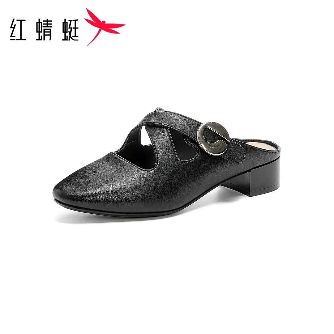 红蜻蜓夏季女式舒适时尚休闲百搭尖头中跟复古英伦风一脚蹬包头拖