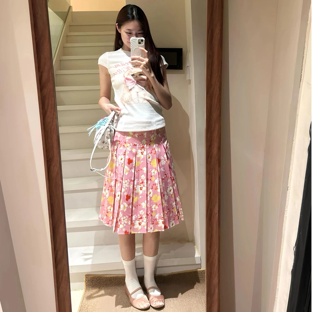 温柔风涂鸦印花薄款短袖T恤碎花百褶半身裙女2025夏季新款两件套