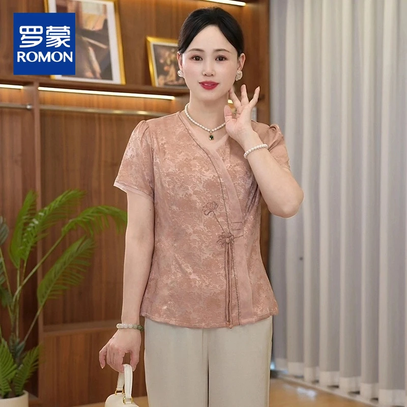 母亲节国风妈妈装夏季新中式洋气质小衫套装中老年女斜襟V领上衣