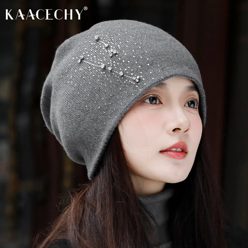 时髦个性帽子女士2025新款时尚百搭洋气针织堆堆帽水钻装饰套头帽