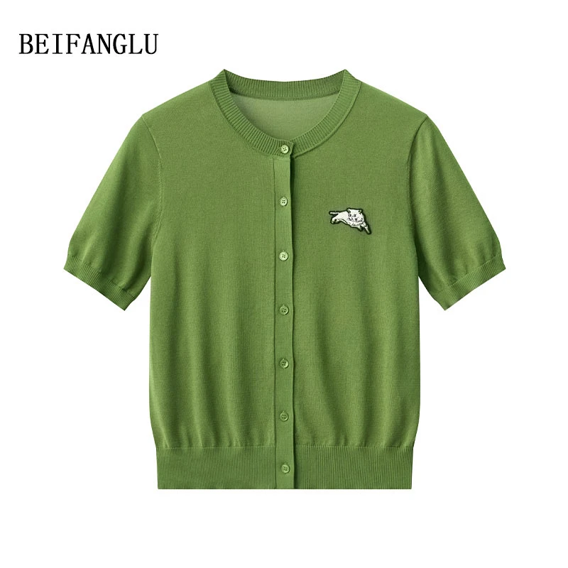 北方鹿【莱赛尔醋酯桑蚕丝】夏季薄款刺绣猫咪短袖针织开衫M96X0611