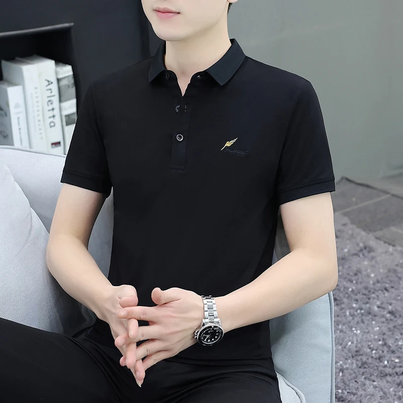高档刺绣polo衫男士短袖翻领t恤纯棉透气衣服半袖男纯色修身潮流