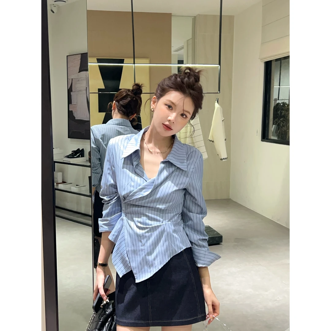 【芝士Cheese】条纹美学  长袖蓝色时尚休闲女士翻领竖条纹衬衣