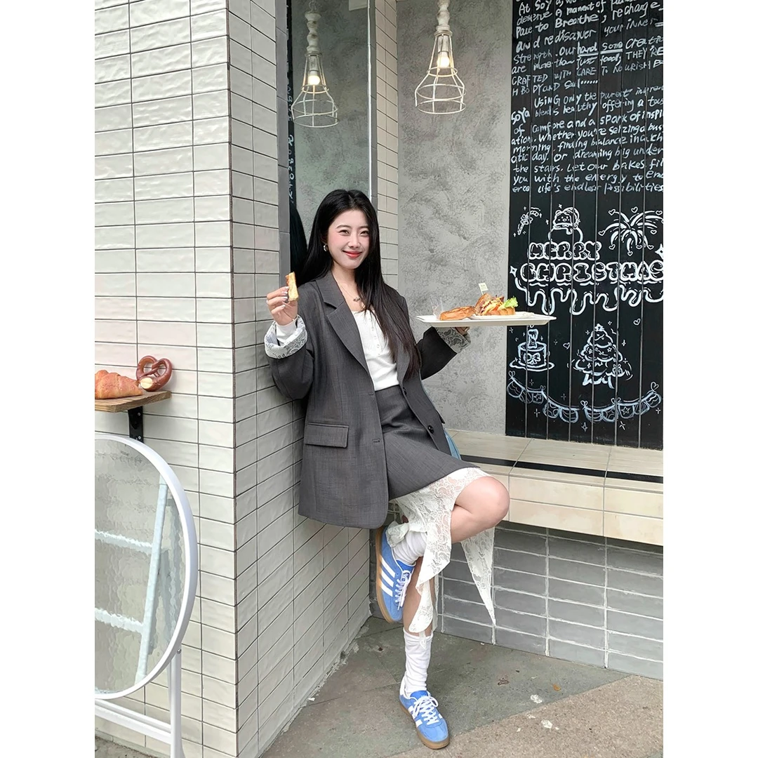 Joeyoo李乔优【日漫少女】灰色西装袖口撞色百搭外套蕾丝半裙套装