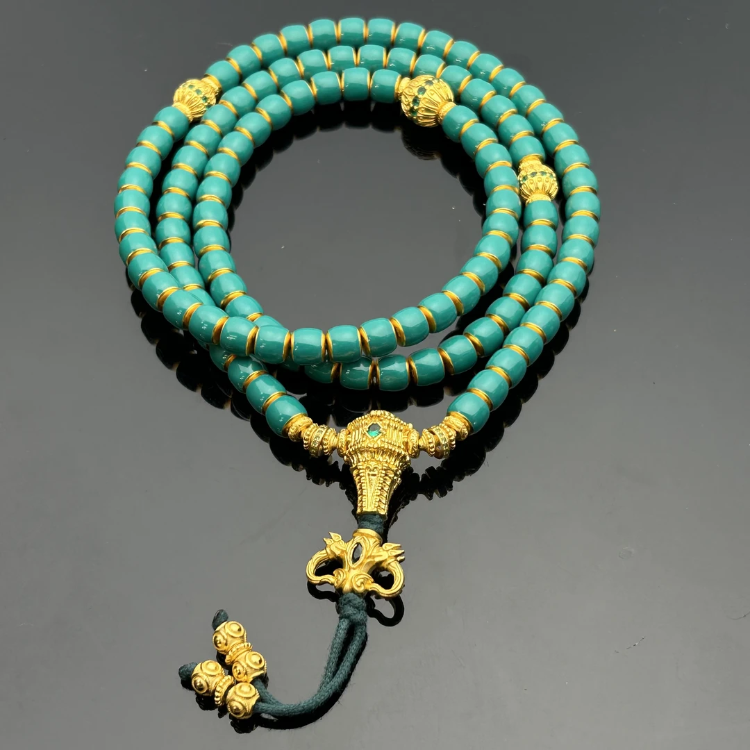 刘爷专属 深圳水贝足金卡擂鼓三通珐琅彩绿松色108镶嵌珠串