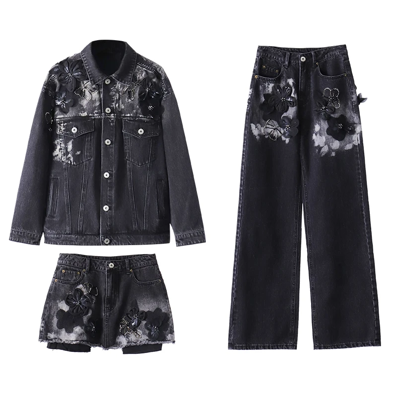 时髦牛仔套装手工喷绘外套女&裤子&半身裙 QD223051