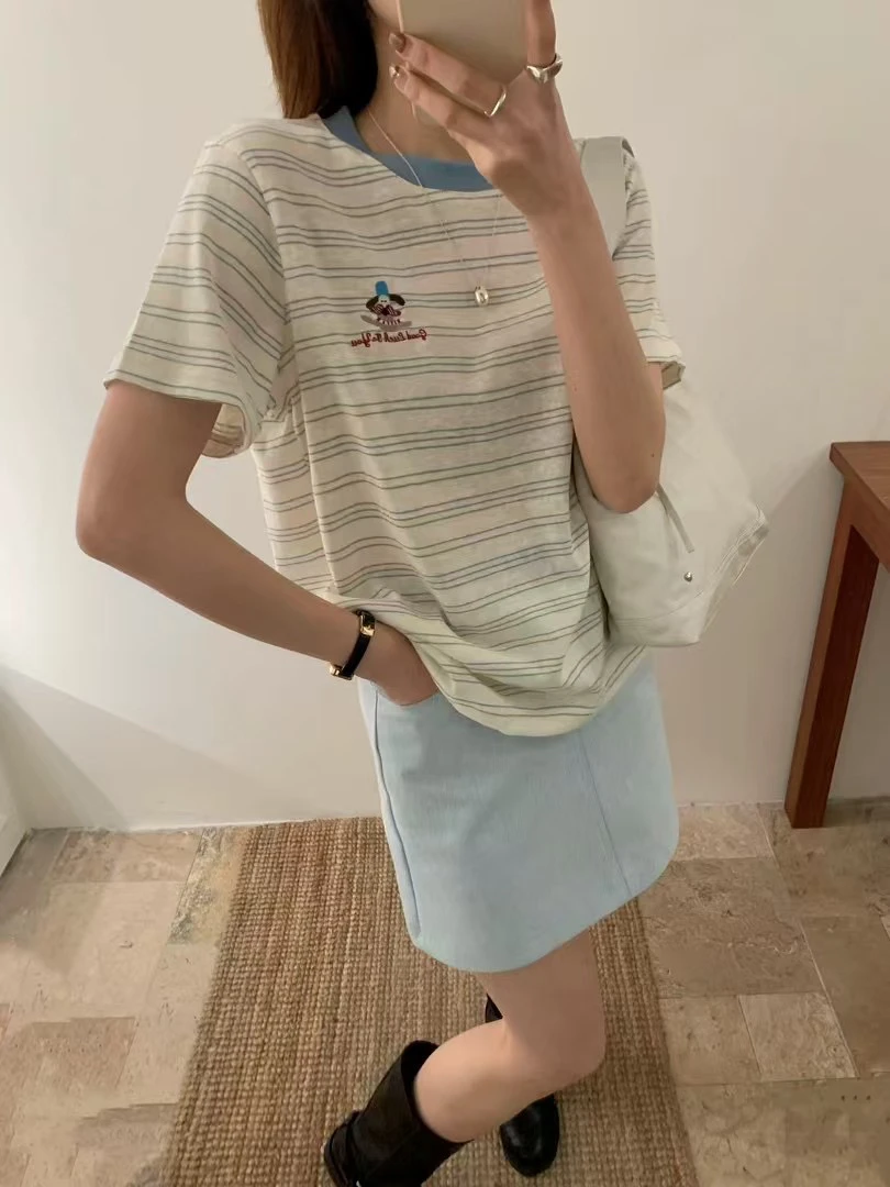 LOVELY韩系休闲宽松2025春夏新款显瘦百搭条纹狗狗刺绣短袖T恤女
