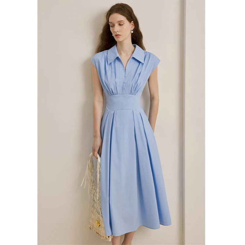 AEL原创法式收腰长款蓝色衬衫连衣裙女2025新款夏装显瘦a字裙子