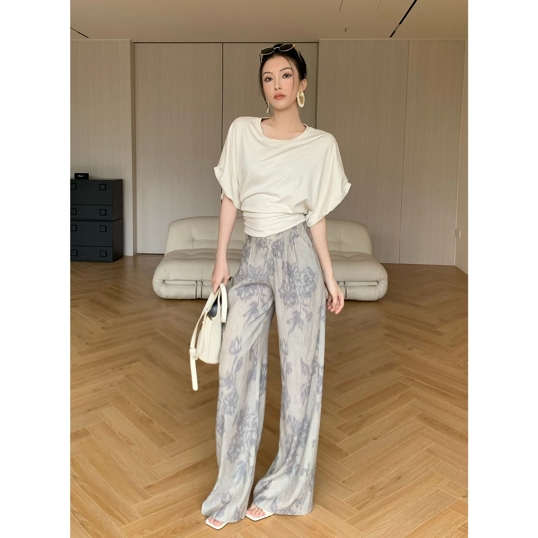 JIJINQI时尚宽松垂感复古高腰显瘦碎花宽松休闲裤女 JD04KZPT1259