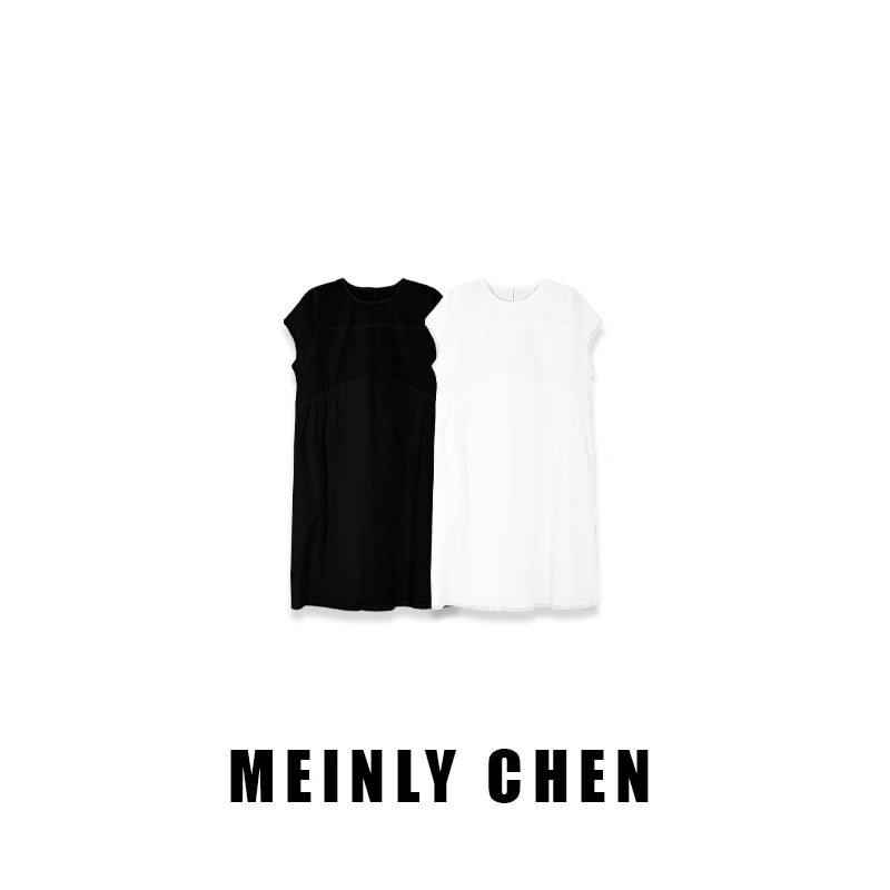 【MEINLY  CHEN】高端设计师款简约宽松圆领花边连衣裙8252178