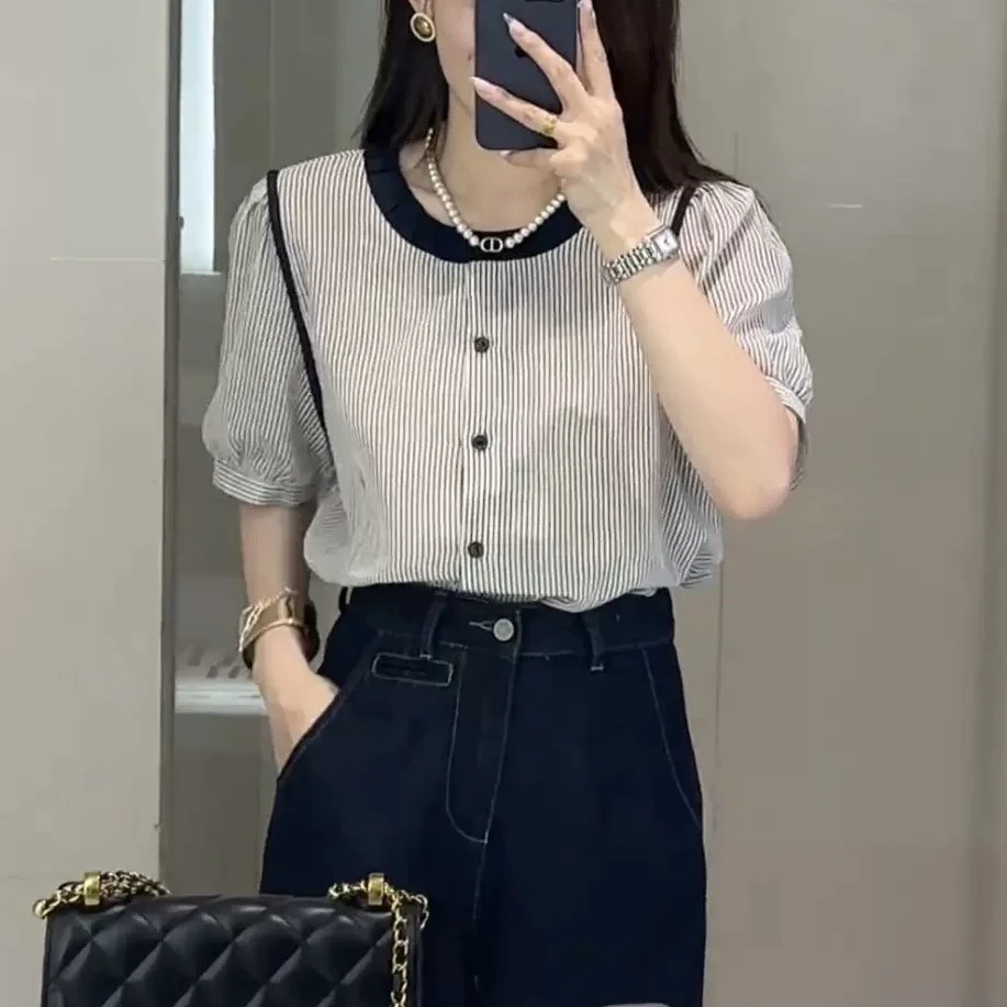 樊范儿-2025年春夏新款条纹显瘦圆领衬衫-24495