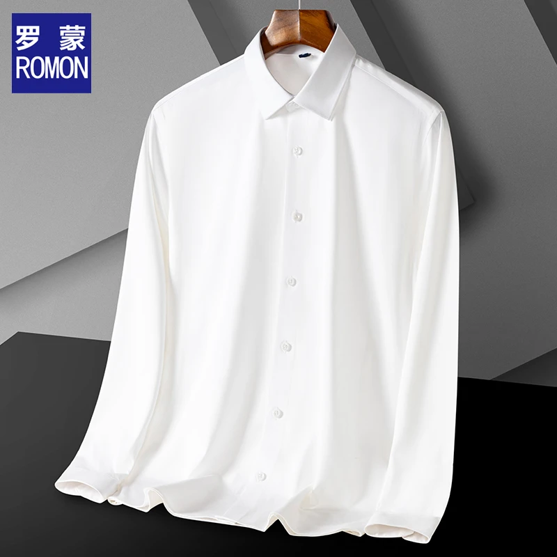 罗蒙春秋季新款男士长袖衬衫含桑蚕丝亲肤抗皱莫代尔免烫休闲衬衣