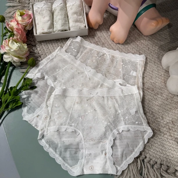 90-130斤 中腰漂亮蕾丝碎花田园风女士三角内裤短裤女 荔枝桃青